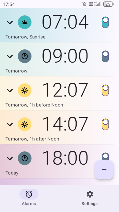 Risetime alarm list showing five alarms: a sunrise alarm at 07:04, an absolute alarm at 09:00, two noon-relative alarms, and a sunset alarm at 18:00. Each alarm has a coloured anchor chip and a toggle switch.