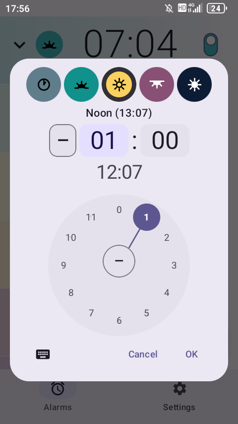 Risetime alarm picker dialog showing the five anchor chips (clock, sunrise, noon, sunset, midnight) with Noon selected. An offset of minus 1 hour is set, resolving to 12:07. A circular hour dial is visible below.