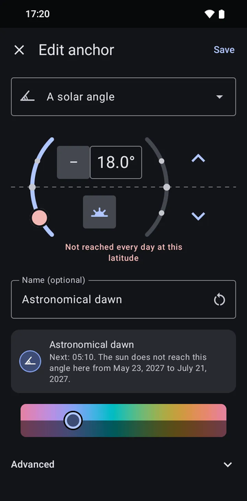 The anchor editor on A solar angle, set to −18.0° on the morning side, with a red warning, Not reached every day at this latitude, named Astronomical dawn, with the preview: Next: 05:10. The sun does not reach this angle here from May 23, 2027 to July 21, 2027.