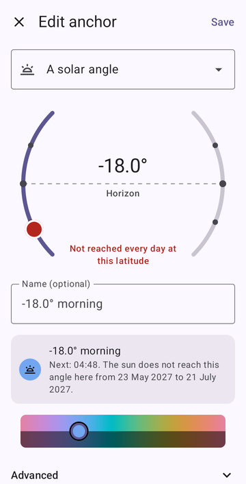 The anchor editor on A solar angle, set to −18.0° in the morning on a half-circle dial, with the warning Not reached every day at this latitude, and the preview: Next 04:48. The sun does not reach this angle here from 23 May 2027 to 21 July 2027.