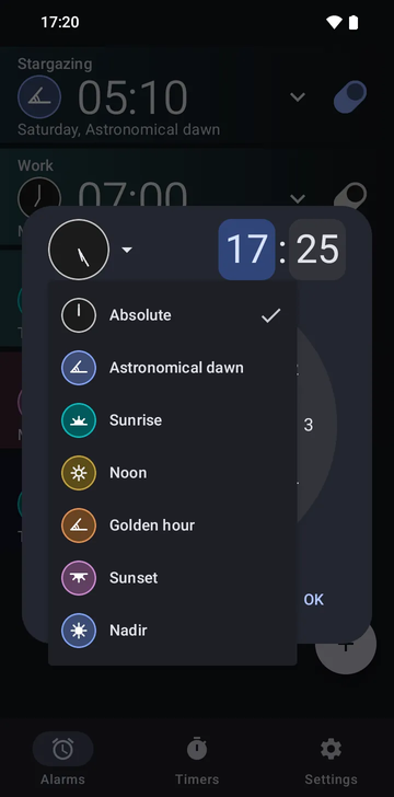The new-alarm dialog with its anchor menu open: Absolute (ticked, with the time 07:00 behind it), Astronomical dawn, Sunrise, Noon, Golden hour, Sunset and Nadir.