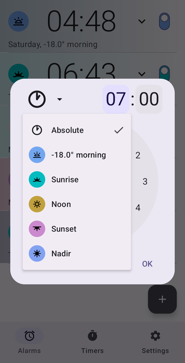 The new-alarm dialog with its menu open: Absolute, a custom anchor named −18.0° morning, Sunrise, Noon, Sunset and Nadir.