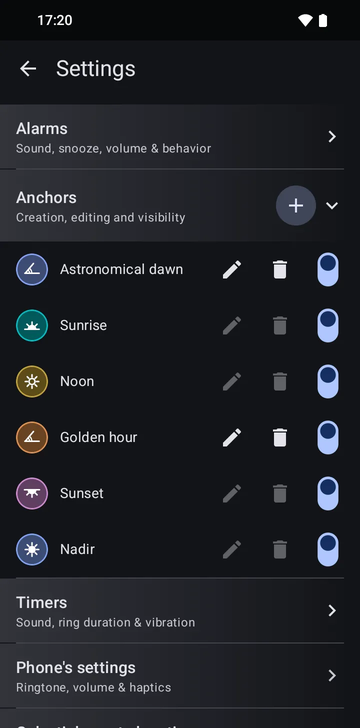 Settings, Anchors section: six anchors in order: Astronomical dawn, Sunrise, Noon, Golden hour, Sunset and Nadir. Only the two custom ones, Astronomical dawn and Golden hour, have active edit and delete buttons. Every row carries a visibility switch, all of them on.