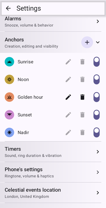 Settings, Anchors section: Sunrise, Noon, a custom anchor named Golden hour with edit and delete buttons, Sunset and Nadir, each with a visibility switch.