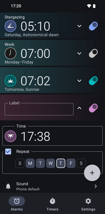 An open alarm card for 17:38, Monday to Friday, 1 hr before Sunset: an empty Label field, Repeat ticked with Monday to Friday selected, and Sound set to Phone default. The card carries on below the edge of the image.