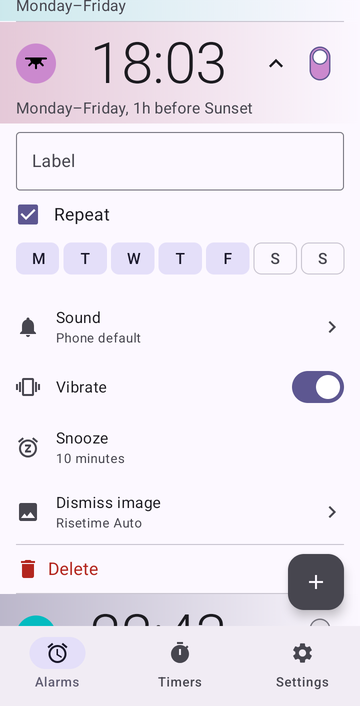 An open alarm card for 18:03, Monday to Friday, 1h before Sunset: a Label field, Repeat ticked with Monday to Friday selected, then Sound, Vibrate, Snooze, Dismiss image and Delete.