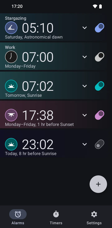 Risetime alarm list with five alarms: 05:10 on Saturday at Astronomical dawn; 07:00 Monday–Friday at a fixed time; 07:02 Tomorrow at Sunrise; 17:38 Monday–Friday, 1 hr before Sunset; and 23:02 Today, 8 hr before Sunrise, switched off.