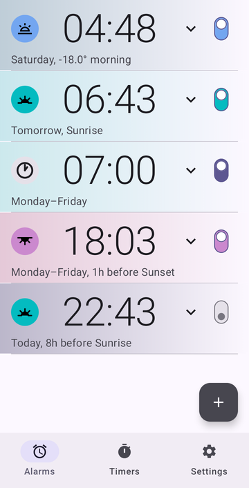 Risetime alarm list with five alarms: 04:48 on Saturday at a custom anchor of −18° in the morning, 06:43 tomorrow at sunrise, 07:00 Monday to Friday, 18:03 Monday to Friday one hour before sunset, and 22:43 eight hours before sunrise, switched off.