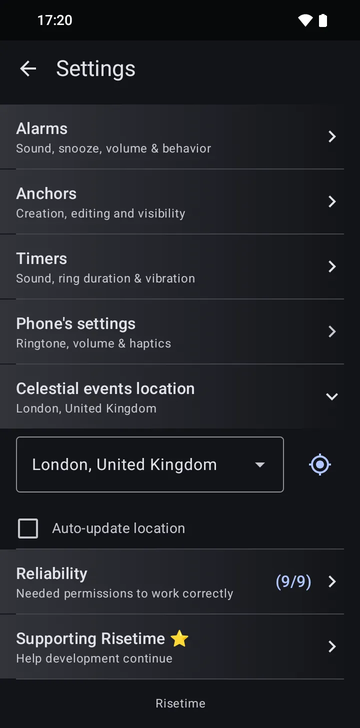 Risetime settings with the Celestial events location section open: London, United Kingdom selected, a GPS button, and an unticked Auto-update location box. The Reliability row below reads 8/8.