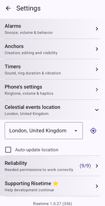Risetime settings with the Celestial events location section open: London, United Kingdom selected, a GPS button, and an unticked Auto-update location box.