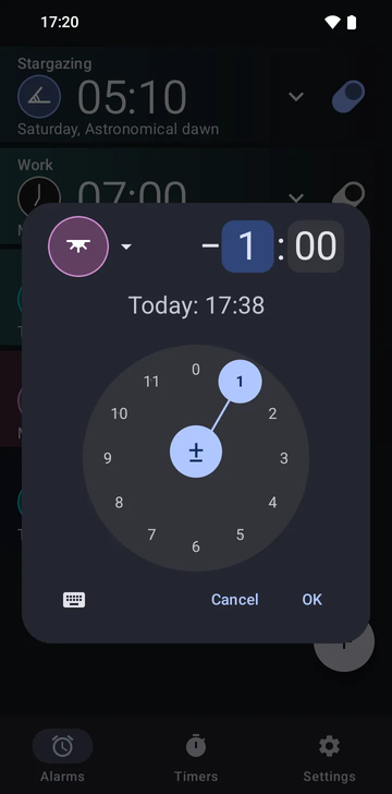 The new-alarm dialog set on the Sunset anchor with an offset of minus one hour, the hours dial on 1 and the minutes on 00, and the line Today: 17:38.
