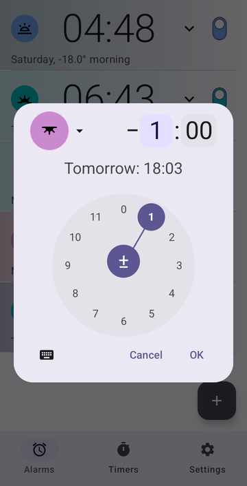The alarm dialog set on Sunset with an offset of minus 1:00, the dial pointing at 1, and the line Tomorrow: 18:03.