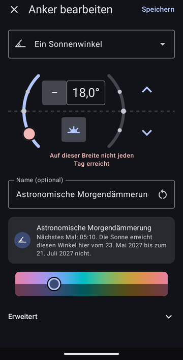 Der Anker-Editor bei Ein Sonnenwinkel, eingestellt auf −18,0° am Morgen, benannt Astronomische Morgendämmerung, mit der Vorschau Nächstes Mal: 05:10 und der Warnung Auf dieser Breite nicht jeden Tag erreicht. Die Sonne erreicht diesen Winkel hier vom 23. Mai 2027 bis zum 21. Juli 2027 nicht.