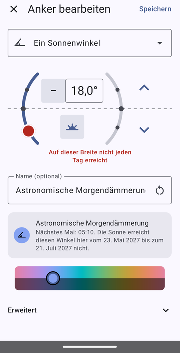 Der Anker-Editor bei Ein Sonnenwinkel, eingestellt auf −18,0° am Morgen, benannt Astronomische Morgendämmerung, mit der Vorschau Nächstes Mal: 05:10 und der Warnung Auf dieser Breite nicht jeden Tag erreicht. Die Sonne erreicht diesen Winkel hier vom 23. Mai 2027 bis zum 21. Juli 2027 nicht.
