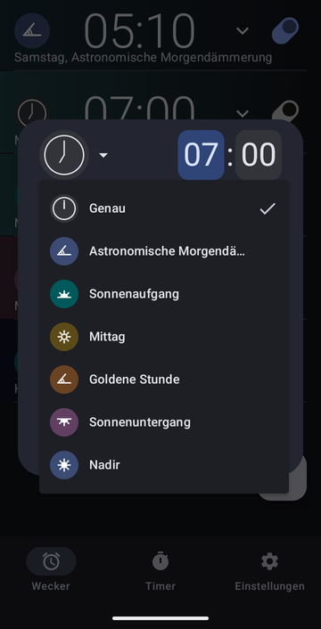 Das Dialogfeld zum Erstellen eines Weckers, sein Anker-Menü geöffnet: Genau, Astronomische Morgendämmerung, Sonnenaufgang, Mittag, Goldene Stunde, Sonnenuntergang und Nadir.