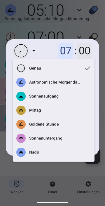 Das Dialogfeld zum Erstellen eines Weckers, sein Anker-Menü geöffnet: Genau, Astronomische Morgendämmerung, Sonnenaufgang, Mittag, Goldene Stunde, Sonnenuntergang und Nadir.