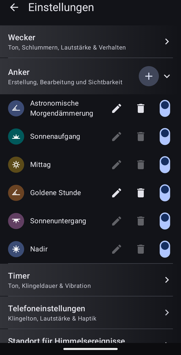 Die Einstellungen, Abschnitt Anker mit sechs Ankern in dieser Reihenfolge: Astronomische Morgendämmerung, Sonnenaufgang, Mittag, Goldene Stunde, Sonnenuntergang und Nadir. Nur die beiden eigenen, Astronomische Morgendämmerung und Goldene Stunde, haben aktive Bearbeiten- und Löschen-Schaltflächen. Jede Zeile trägt einen Sichtbarkeitsschalter, alle aktiviert.