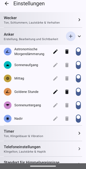Die Einstellungen, Abschnitt Anker mit sechs Ankern in dieser Reihenfolge: Astronomische Morgendämmerung, Sonnenaufgang, Mittag, Goldene Stunde, Sonnenuntergang und Nadir. Nur die beiden eigenen, Astronomische Morgendämmerung und Goldene Stunde, haben aktive Bearbeiten- und Löschen-Schaltflächen. Jede Zeile trägt einen Sichtbarkeitsschalter, alle aktiviert.