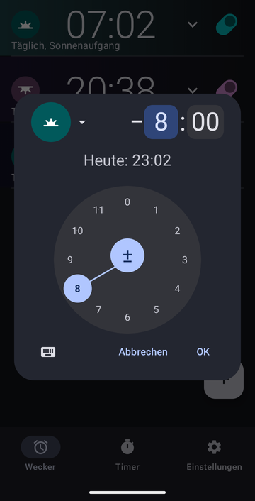 Das Dialogfeld für einen neuen Wecker, eingestellt auf Sonnenaufgang mit einem Versatz von acht Stunden davor, der Stundenwähler auf 8 und der Minutenwähler auf 00, und die Zeile Heute: 23:02.