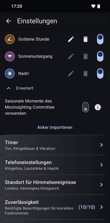 Die Einstellungen von Risetime, Abschnitt Anker mit geöffnetem Erweitert: die Schalter für Goldene Stunde, Sonnenuntergang und Nadir, die Option Saisonale Momente des Moonsighting Committee verwenden und darunter die Zeile Anker importieren.