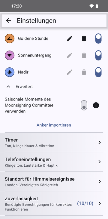 Die Einstellungen von Risetime, Abschnitt Anker mit geöffnetem Erweitert: die Schalter für Goldene Stunde, Sonnenuntergang und Nadir, die Option Saisonale Momente des Moonsighting Committee verwenden und darunter die Zeile Anker importieren.