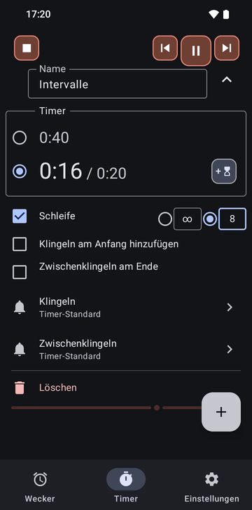Die Sequenz Intervalle aufgeklappt im Timer-Tab von Risetime: ihre zwei Timer, 0:40 laufend bei 0:32 und 0:20, Schleife ein auf 8 Runden (die andere Wahl ist unbegrenzt), Klingeln am Anfang hinzufügen und Zwischenklingeln am Ende aus, und die Zeilen Klingeln und Zwischenklingeln auf Timer-Standard.