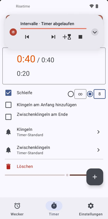 Die Sequenz Intervalle aufgeklappt im Timer-Tab von Risetime: ihre zwei Timer, 0:40 laufend bei 0:32 und 0:20, Schleife ein auf 8 Runden (die andere Wahl ist unbegrenzt), Klingeln am Anfang hinzufügen und Zwischenklingeln am Ende aus, und die Zeilen Klingeln und Zwischenklingeln auf Timer-Standard.
