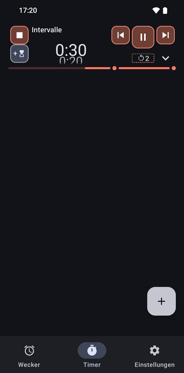 Der Timer-Tab von Risetime mit der laufenden Sequenz Intervalle, eingeklappt, bei 0:14 von 0:40, mit der Schaltfläche zum Pausieren, der für 1 Minute mehr und der zum Aufklappen der Details, und ihrem Balken unter der Zeile.
