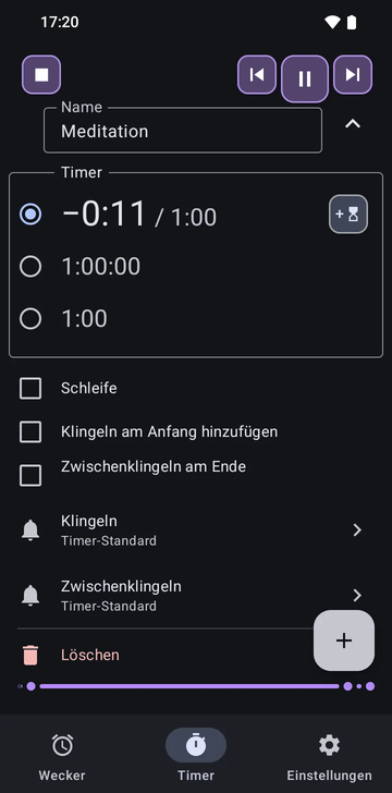 Die Sequenz Meditation aufgeklappt im Timer-Tab von Risetime: ihre drei Timer, 1:00 im Rückwärtslauf, 1:00:00 und 1:00, mit Schleife, Klingeln am Anfang hinzufügen und Zwischenklingeln am Ende alle aus, und den Zeilen Klingeln und Zwischenklingeln auf Timer-Standard.