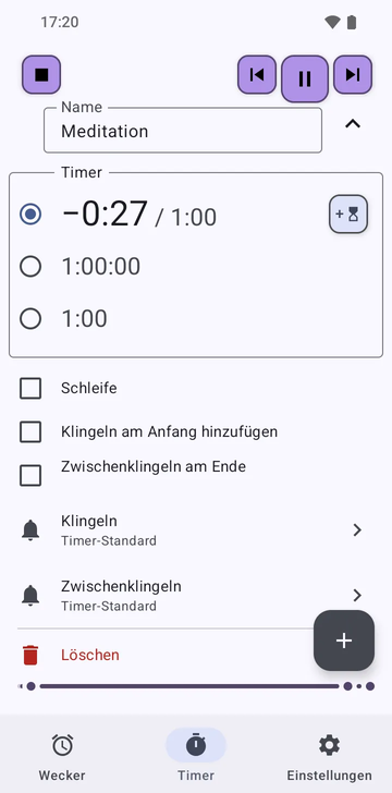 Die Sequenz Meditation aufgeklappt im Timer-Tab von Risetime: ihre drei Timer, 1:00 im Rückwärtslauf, 1:00:00 und 1:00, mit Schleife, Klingeln am Anfang hinzufügen und Zwischenklingeln am Ende alle aus, und den Zeilen Klingeln und Zwischenklingeln auf Timer-Standard.