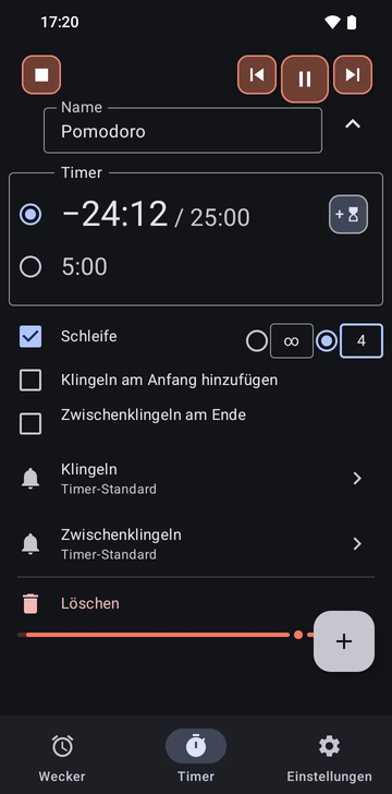 Die Sequenz Pomodoro aufgeklappt im Timer-Tab von Risetime, während sie läuft: ihre zwei Timer, 25:00 im Rückwärtslauf und 5:00, Schleife ein auf 4 Runden (die andere Wahl ist unbegrenzt), Klingeln am Anfang hinzufügen und Zwischenklingeln am Ende aus, und die Zeilen Klingeln und Zwischenklingeln auf Timer-Standard.