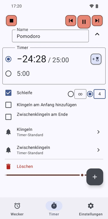 Die Sequenz Pomodoro aufgeklappt im Timer-Tab von Risetime, während sie läuft: ihre zwei Timer, 25:00 im Rückwärtslauf und 5:00, Schleife ein auf 4 Runden (die andere Wahl ist unbegrenzt), Klingeln am Anfang hinzufügen und Zwischenklingeln am Ende aus, und die Zeilen Klingeln und Zwischenklingeln auf Timer-Standard.