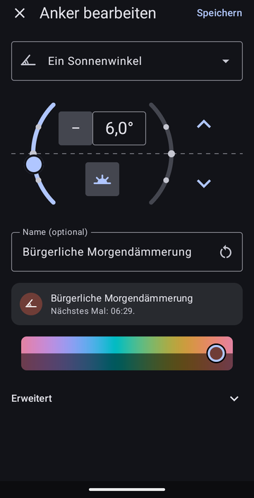 Der Anker-Editor bei Ein Sonnenwinkel, eingestellt auf −6,0° am Morgen, benannt Bürgerliche Morgendämmerung, mit der Vorschau Nächstes Mal: 06:29.