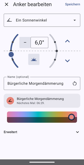 Der Anker-Editor bei Ein Sonnenwinkel, eingestellt auf −6,0° am Morgen, benannt Bürgerliche Morgendämmerung, mit der Vorschau Nächstes Mal: 06:29.