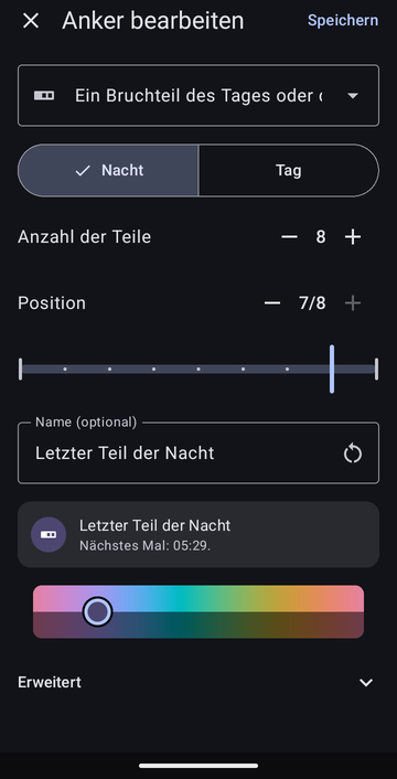 Der Anker-Editor bei Ein Bruchteil des Tages oder der Nacht, mit ausgewähltem Nacht, Anzahl der Teile eingestellt auf 8 und Position auf 7/8, benannt Letzter Teil der Nacht, mit der Vorschau: Nächstes Mal: 05:29.