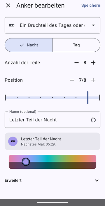 Der Anker-Editor bei Ein Bruchteil des Tages oder der Nacht, mit ausgewähltem Nacht, Anzahl der Teile eingestellt auf 8 und Position auf 7/8, benannt Letzter Teil der Nacht, mit der Vorschau: Nächstes Mal: 05:29.