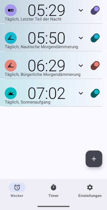 Weckerliste von Risetime mit vier Weckern, alle täglich wiederholt: 05:29 bei Letzter Teil der Nacht, 05:50 bei Nautische Morgendämmerung, 06:29 bei Bürgerliche Morgendämmerung, und 07:02 bei Sonnenaufgang.
