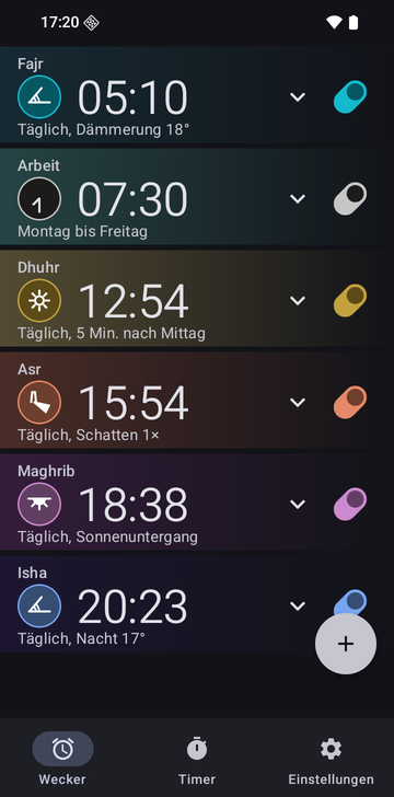 Wecker-Liste von Risetime mit sechs Weckern: Fajr, 05:10, täglich, Dämmerung 18°; Arbeit, 07:30, Montag bis Freitag; Dhuhr, 12:54, täglich, 5 Min. nach Mittag; Asr, 15:54, täglich, Schatten 1×; Maghrib, 18:38, täglich, Sonnenuntergang; Isha, 20:23, täglich, Nacht 17°.