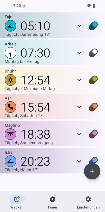 Wecker-Liste von Risetime mit sechs Weckern: Fajr, 05:10, täglich, Dämmerung 18°; Arbeit, 07:30, Montag bis Freitag; Dhuhr, 12:54, täglich, 5 Min. nach Mittag; Asr, 15:54, täglich, Schatten 1×; Maghrib, 18:38, täglich, Sonnenuntergang; Isha, 20:23, täglich, Nacht 17°.
