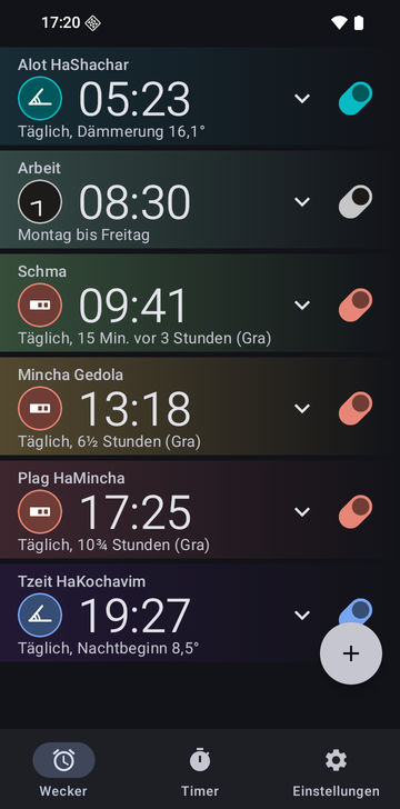 Wecker-Liste von Risetime mit sechs Weckern: Alot HaShachar, 05:23, täglich, Dämmerung 16,1°; Arbeit, 08:30, Montag bis Freitag; Schma, 09:41, täglich, 15 Min. vor 3 Stunden (Gra); Mincha Gedola, 13:18, täglich, 6½ Stunden (Gra); Plag HaMincha, 17:25, täglich, 10¾ Stunden (Gra); Tzeit HaKochavim, 19:27, täglich, Nachtbeginn 8,5°.