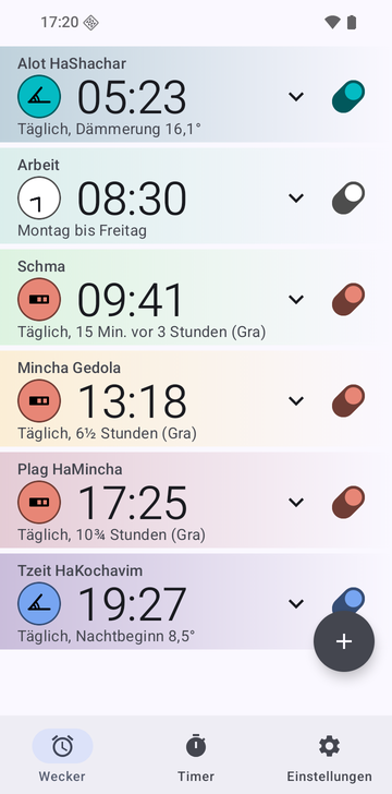 Wecker-Liste von Risetime mit sechs Weckern: Alot HaShachar, 05:23, täglich, Dämmerung 16,1°; Arbeit, 08:30, Montag bis Freitag; Schma, 09:41, täglich, 15 Min. vor 3 Stunden (Gra); Mincha Gedola, 13:18, täglich, 6½ Stunden (Gra); Plag HaMincha, 17:25, täglich, 10¾ Stunden (Gra); Tzeit HaKochavim, 19:27, täglich, Nachtbeginn 8,5°.