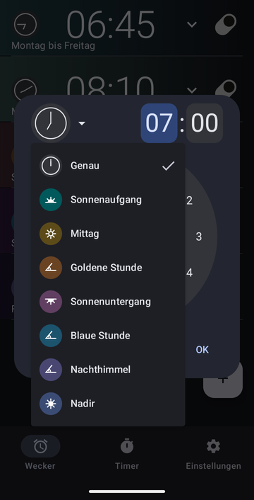 Das Dialogfeld zum Erstellen eines Weckers auf 07:00, sein Anker-Menü geöffnet, von oben nach unten: Genau (ausgewählt), Sonnenaufgang, Mittag, Goldene Stunde, Sonnenuntergang, Blaue Stunde, Nachthimmel und Nadir.