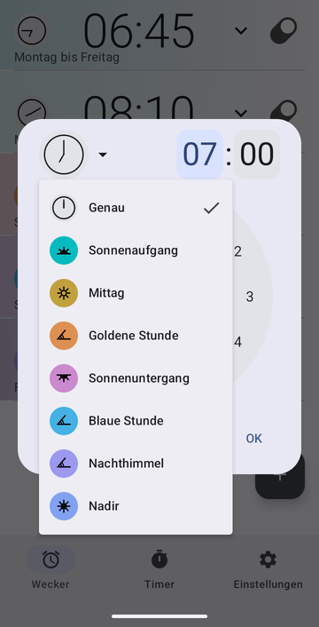 Das Dialogfeld zum Erstellen eines Weckers auf 07:00, sein Anker-Menü geöffnet, von oben nach unten: Genau (ausgewählt), Sonnenaufgang, Mittag, Goldene Stunde, Sonnenuntergang, Blaue Stunde, Nachthimmel und Nadir.