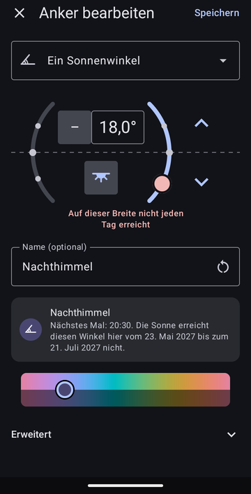 Der Anker-Editor bei Ein Sonnenwinkel, eingestellt auf −18,0° am Abend, benannt Nachthimmel, mit der Vorschau: Nächstes Mal: 20:30. Die Sonne erreicht diesen Winkel hier vom 23. Mai 2027 bis zum 21. Juli 2027 nicht. Darüber die Warnung Auf dieser Breite nicht jeden Tag erreicht.