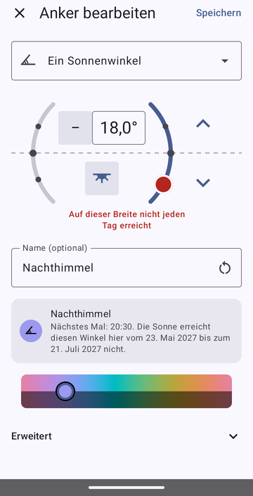 Der Anker-Editor bei Ein Sonnenwinkel, eingestellt auf −18,0° am Abend, benannt Nachthimmel, mit der Vorschau: Nächstes Mal: 20:30. Die Sonne erreicht diesen Winkel hier vom 23. Mai 2027 bis zum 21. Juli 2027 nicht. Darüber die Warnung Auf dieser Breite nicht jeden Tag erreicht.