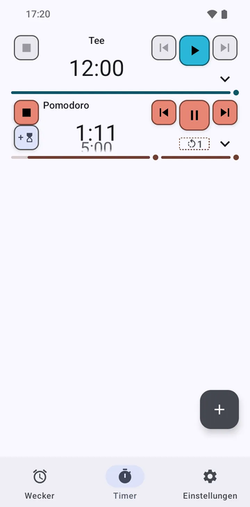 Der Timer-Tab von Risetime mit zwei eingeklappten Zeilen: Tee, ein einzelner Timer bei 12:00, noch nicht gestartet, und eine laufende Pomodoro-Sequenz bei 1:12 von 10:00. Die Pomodoro-Zeile hat Schaltflächen zum Stoppen, zum vorherigen Timer, zum Pausieren und zum nächsten Timer sowie eine Schaltfläche, die 1 Minute hinzufügt. Timer hinzufügen steht unter der Liste, über den Tabs Wecker, Timer und Einstellungen.