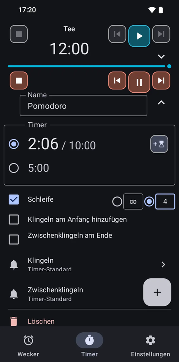 Die Sequenz Tee aufgeklappt im Timer-Tab von Risetime: ihr Name, ihr einziger Timer bei 12:00 mit einer Schaltfläche zum Hinzufügen eines weiteren, die Schalter Schleife, Klingeln am Anfang hinzufügen und Zwischenklingeln am Ende, alle aus, die Zeile Klingeln auf Timer-Standard, die Zeile Zwischenklingeln auf Nicht verwendet: ein Timer, keine Schleife, kein Klingeln am Anfang, und Löschen. Darunter die eingeklappte Pomodoro-Zeile, laufend bei 1:42 von 10:00.