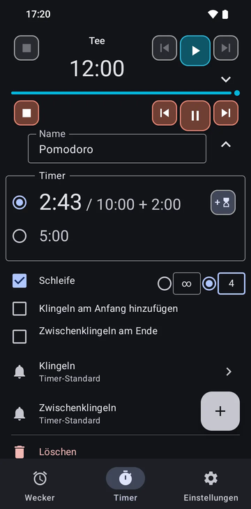 Der Timer-Tab mit dem aufgeklappten Timer Tee und darunter der laufenden Pomodoro-Sequenz bei 2:04 von 10:00, mit 1 hinzugefügten Minute. Die laufende Zeile hat Schaltflächen zum Stoppen, zum vorherigen Timer, zum Pausieren und zum nächsten Timer sowie eine Schaltfläche, die 1 Minute hinzufügt; Timer hinzufügen steht darunter, über den Tabs Wecker, Timer und Einstellungen.
