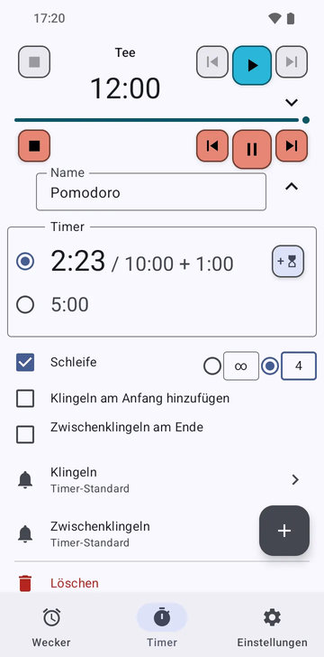 Der Timer-Tab mit dem aufgeklappten Timer Tee und darunter der laufenden Pomodoro-Sequenz bei 2:04 von 10:00, mit 1 hinzugefügten Minute. Die laufende Zeile hat Schaltflächen zum Stoppen, zum vorherigen Timer, zum Pausieren und zum nächsten Timer sowie eine Schaltfläche, die 1 Minute hinzufügt; Timer hinzufügen steht darunter, über den Tabs Wecker, Timer und Einstellungen.