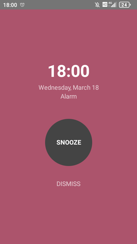 Risetime alarm dismiss screen with a sunset-toned background showing the time 18:00, the date Wednesday March 18, a large circular Snooze button, and a Dismiss text below.